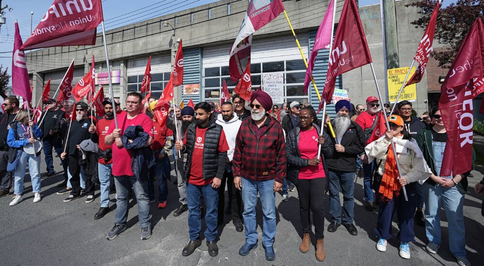 Unionized Cowichan and Victoria transit workers rally at the entrance to the BC Transit yard on Garbally Road in April. ADRIAN LAM, TIMES COLONIST