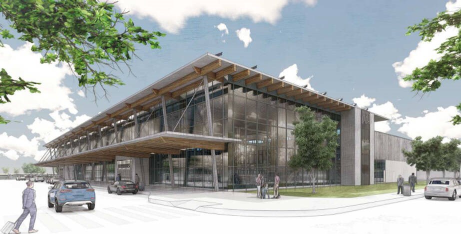 An artist’s rendering of the proposed new two-storey departures pavilion building, which would be in front of the terminal on the current short-term parking lot and connected with a sky bridge through the existing rotunda to departure gates. VICTORIA AIRPORT AUTHORITY 