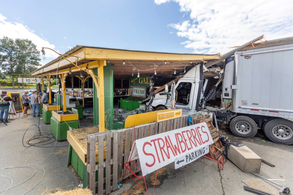 Galey Farms stand after a truck veered off Blenkinsop Road and plowed through an exterior wall on Wednesday. DARREN STONE, TIMES COLONIST 