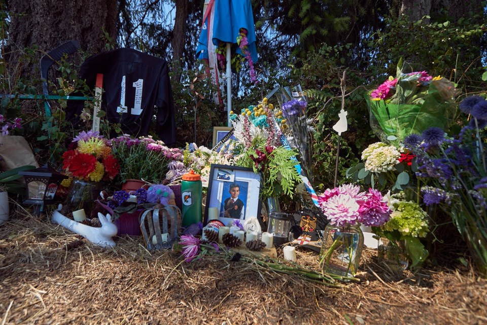 Memorials could be seen in several places along the 4000-block of Hillbank Road on Saturday for Xavier Rasul-Jankovics, 12, who died after he was struck by a car while rollerblading near his family home in the Cowichan Valley on Aug. 26. MICHAEL JOHN LO, TIMES COLONIST 