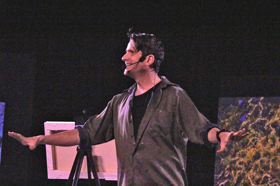Actor artist Bruce Horak on stage in Virden Aud Theatre dramatizes the tale of the ‘assassination’ of Tom Thomson, interspersed with lessons on seeing through the eyes of an artist, “where time evaporates.” There’s an uncanny link between Thomson and Horak which surfaces several times in his story and is seen on Horak’s canvases (three as backdrops on stage).