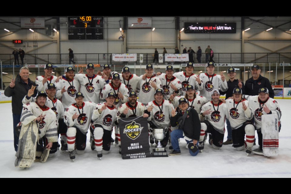  Winners of the Provincial title, April 14 in Virden’s TOGP arena. Back row (l-r): Garth Mitchell (coach), Drayton Shiner, Kyle Lougheed, Dillin Stonehouse, Jason Bowles, Curtis Gardham, Shawn Bowles, Taylor Sanheim, Josh Martin, Damon Bajus, Logan Brennand, Cody Rookes and Keith Orr (coach); front Row (l-r):  Cory Gardham, Brad Cole, Bryce Kyle, Tanner Kyle, Dustin Fisher, Stacy Lowes, Jed Quoquat (equipment manager), Brad Bowles, Zeenan Zeimer, Jayce Soder and Ian Oliver; Missing – Colin Paull and Bray Rookes. 