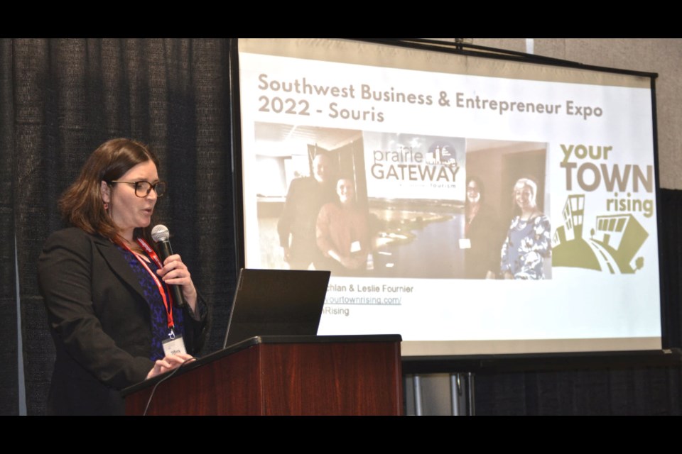 Tiffany Cameron, Chair of the 2023 Southwest Business & Entrepreneur Expo, presented "Lasting Impressions - Your Town Rising, One Year Later" to open this year's event in Kola on Feb. 8. Cameron's presentation recounted the visit of Leslie Fournier and Gregg McLachlan, keynote speakers in 2022 in Souris, and highlighted efforts to implement their suggestions and recommendations for community revitalization.     