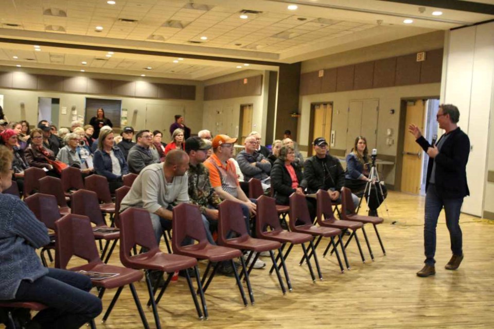 An attentive crowd hear Doug Griffiths’ fast paced presentation. Nearly 150 people attend 13 Ways Inc. Strategic Plan presentation Monday, May 2 in Tundra Oil & Gas Place hall. 