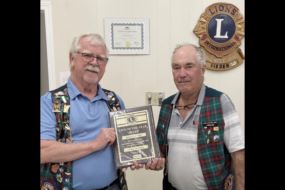 Virden Lions Club, following a recent meeting, awards the Lion of the Year 2022-2023 to Barry O’Grady (l), presenting is Lion President Lloyd Williams. 