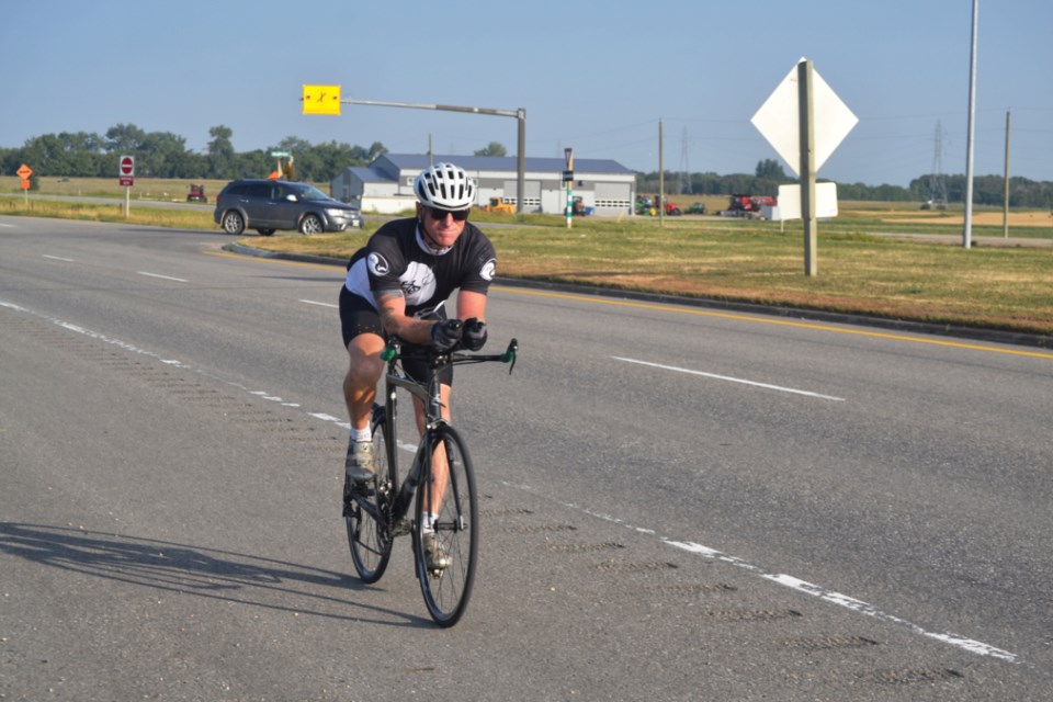 Sgt. Rob Nederlof on the Trans-Canada approaching Virden after a stop the night before in Elkhorn. 