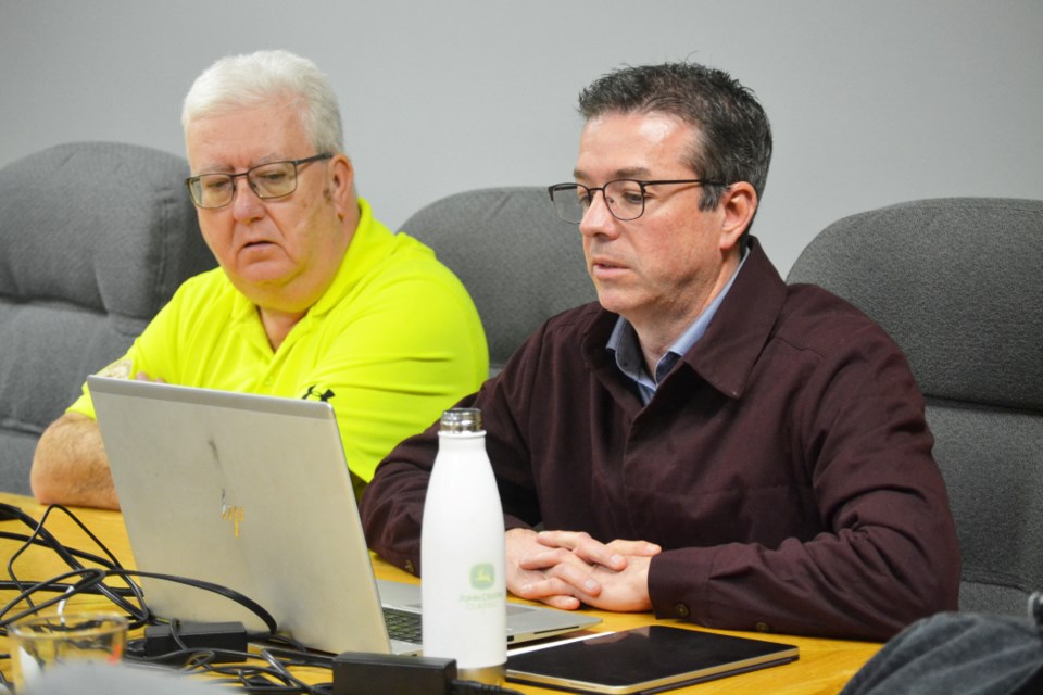 Craig Russell, chair of Fort La Bosse School Division Board of Trustees, listens as Secretary-Treasurer Kent Reid presents the division's 2024/25 budget.