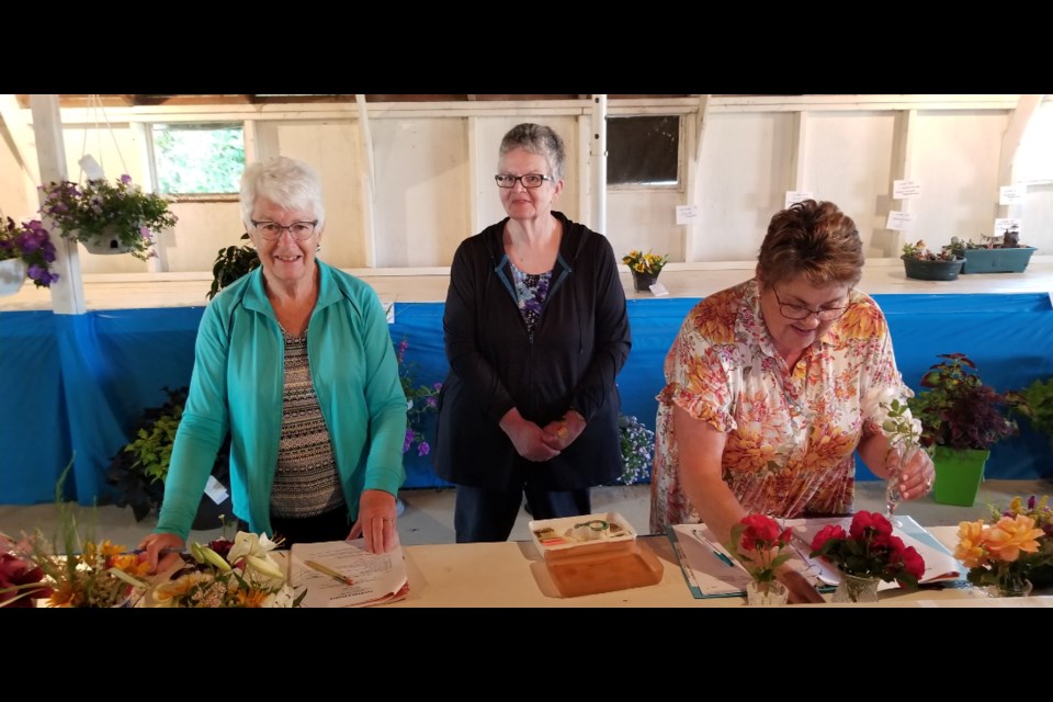 In the display booth: (l-r) Sharon Wolstenholme, Marilyn Brazeau (flower judge) and Cindy Routledge at Harding Fair.