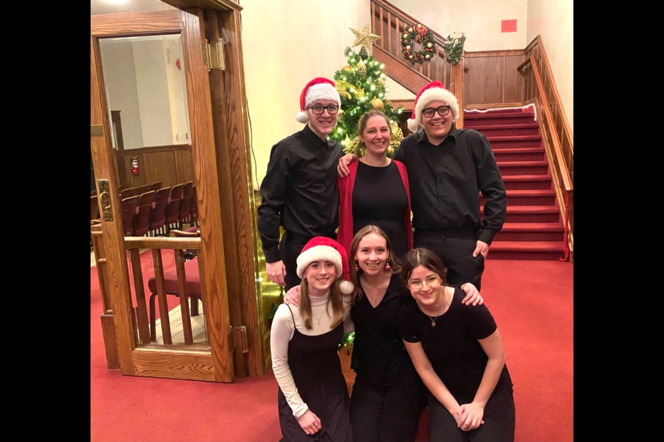 In the Aud Theatre foyer: (back l-r) Dylan Southam, Susan Martens, Evan Terin; (front l-r) Samantha Andrew, Daelyn Fefchak, Felicia Pringle.