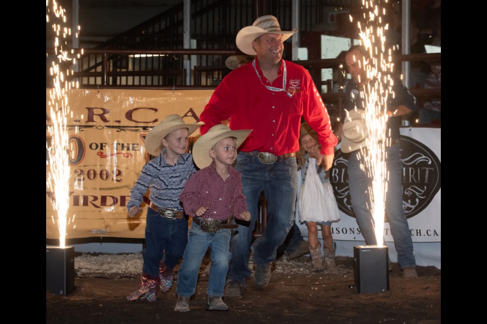 Charlie King strides into the rodeo arena at Tundra Oil & Gas Place. Virden rodeo competitors were welcomed to the rodeo at the Friday evening opening ceremony.