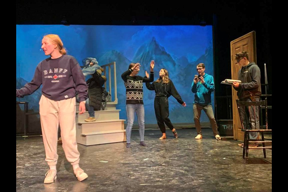 As the curtain call nears in early March VCI cast rehearse in the Aud Theatre:  (foreground) - Brynn McGrath as Olaf; (background) - Keira Peters, Daelyn Fefchak, Dylan Southam, Evan Terin
