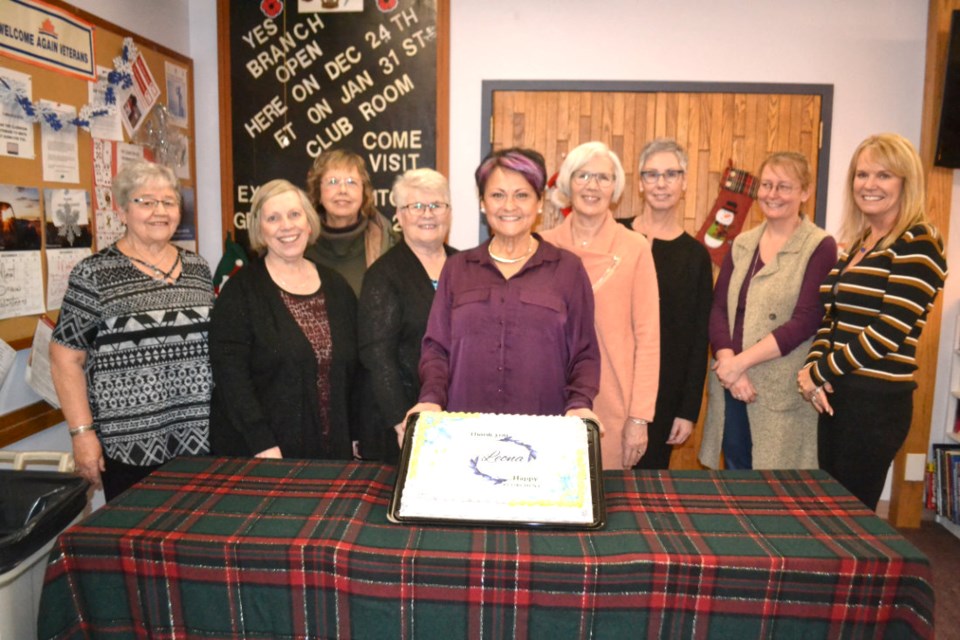 Members of the Seniors Access to Independent Living Board of Directors congratulate Resource Coordinator Leona Joseph, centre, on her retirement during an appreciation tea at the Virden Legion on Dec. 15. From left to right: Mary Ellen Warkentin, Beth Canart, Joan Veselovsky, Lynne Bajus, Marilyn Nugent. Deanne Weisberg and Kim Drake.