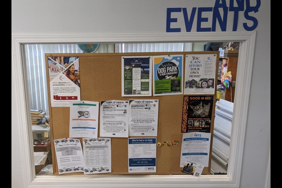 Community information posted on the Virden library bulletin board.