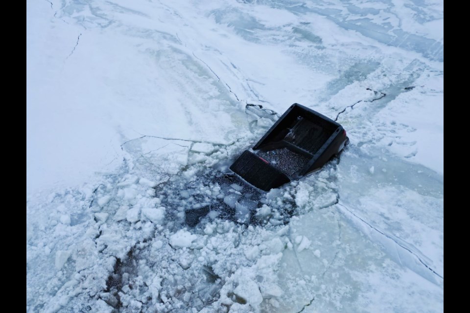 A drone photo shows a truck that broke through Oak Lake where a pressure ridge in the ice gave way in the northwest part of Oak Lake mid-February.