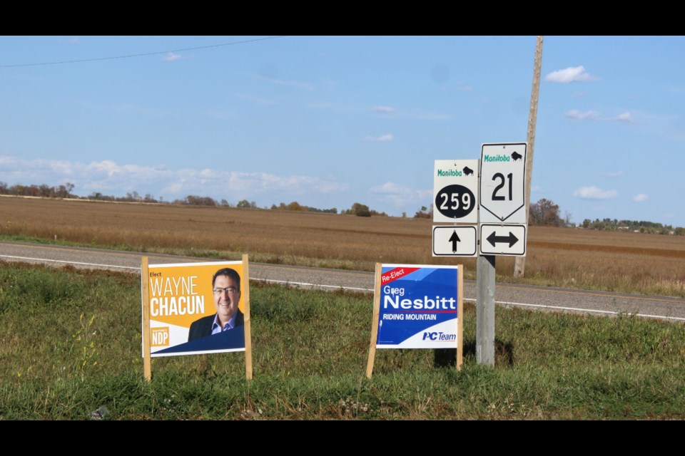 These campaign signs at the intersection of Hwy 21 and PR 259 near Kenton in the Riding Mountain Constituency remind voters to make a choice. The third candidate registered for the riding is MLP Eileen Smerchanski.