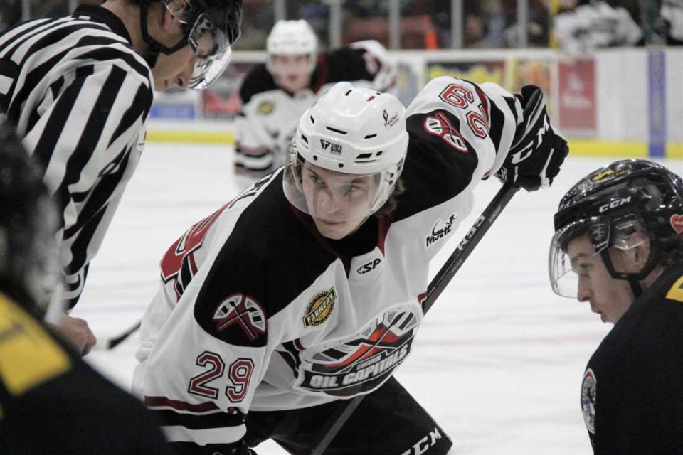 Tyler Thoendel takes the faceoff Saturday night.