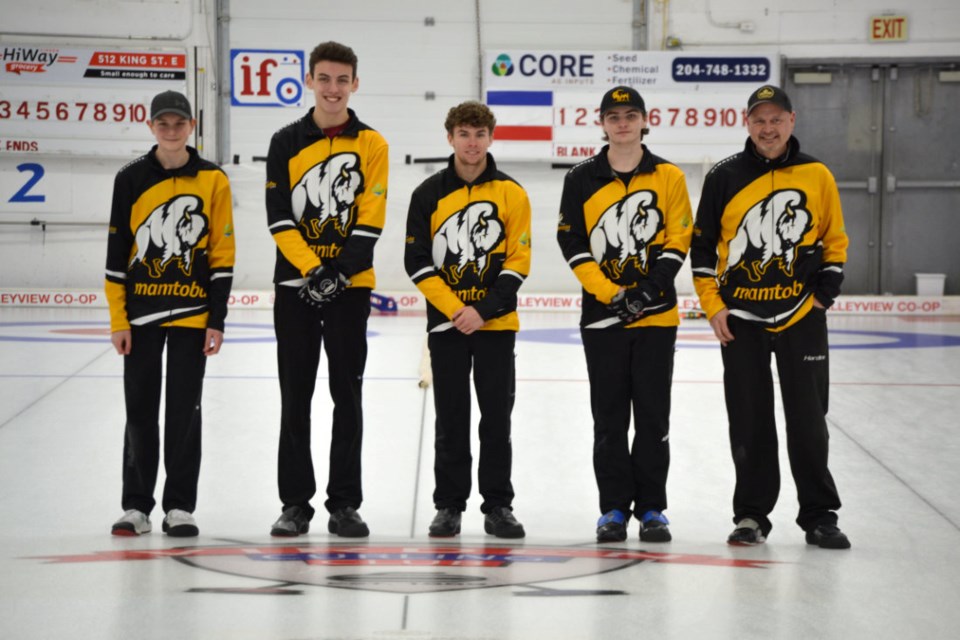 The members of Team Freeman pose for a photo at the Virden Curling Club logo on the ice prior to their send-off reception in the rink lounge on Jan. 28. They are, from left, Rylan Graham, Jack Steski, Elias Huminicki, Skip Jace Freeman and Coach Graham Freeman. 

