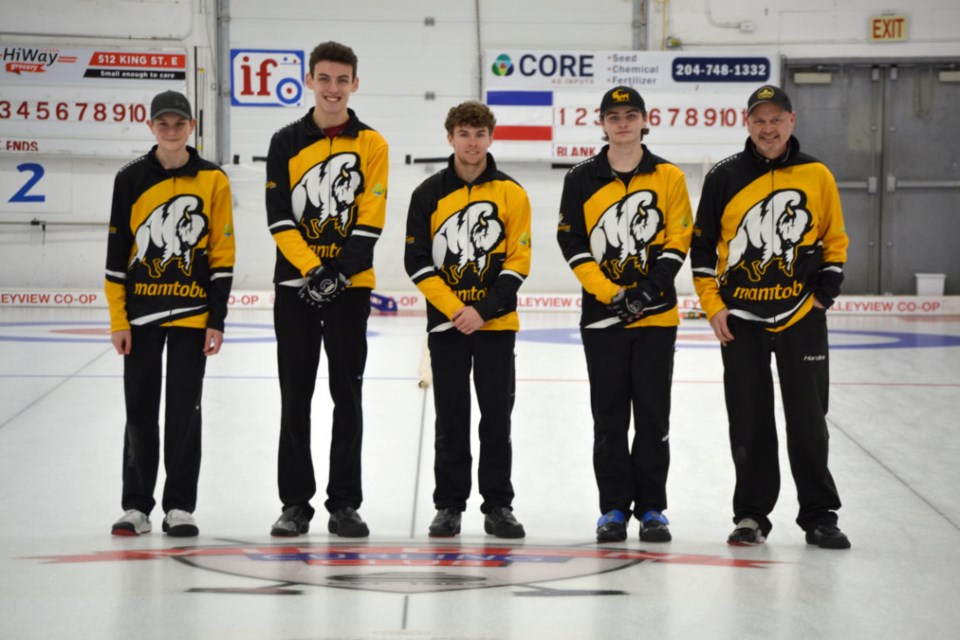 The members of Team Freeman pose for a photo at the Virden Curling Club logo on the ice prior to their send-off reception in the rink lounge on Jan. 28. They are, from left, Rylan Graham, Jack Steski, Elias Huminicki, Skip Jace Freeman and Coach Graham Freeman. 

