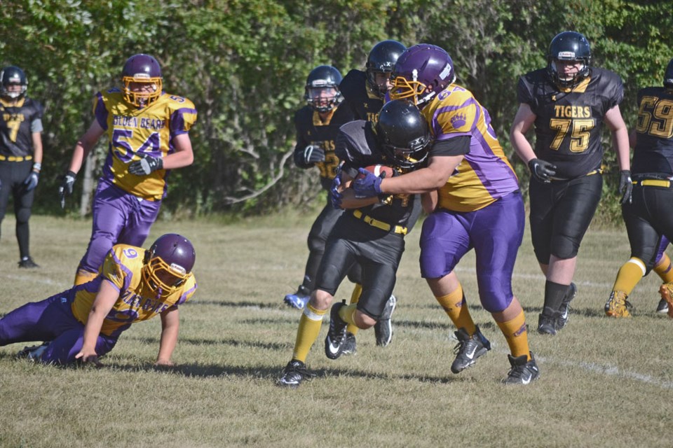 59 - Neepawa Tigers ball carrier #24 Jordy Martin is tackled by Virden Golden Bears #64 Michael Love during the first quarter of the Bears' opening match against the Neepawa Tigers at Virden Collegiate on Sept. 2. 