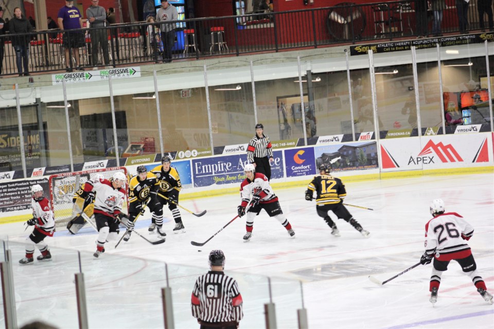 Oil Capitals control the puck in the opposition's end.