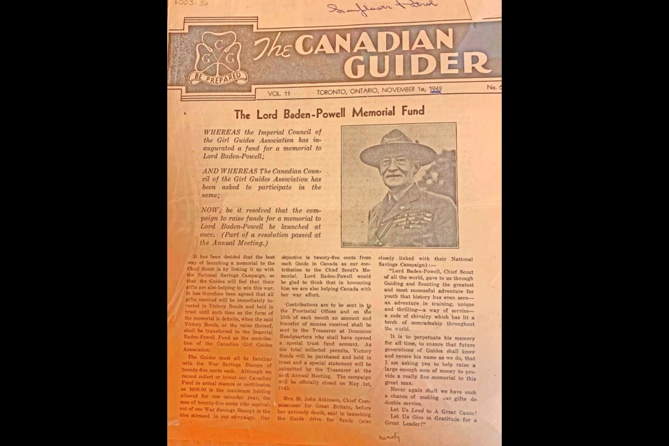The front page of The Canadian Guider magazine from November 1949. Lord Robert Baden-Powell died in 1941.