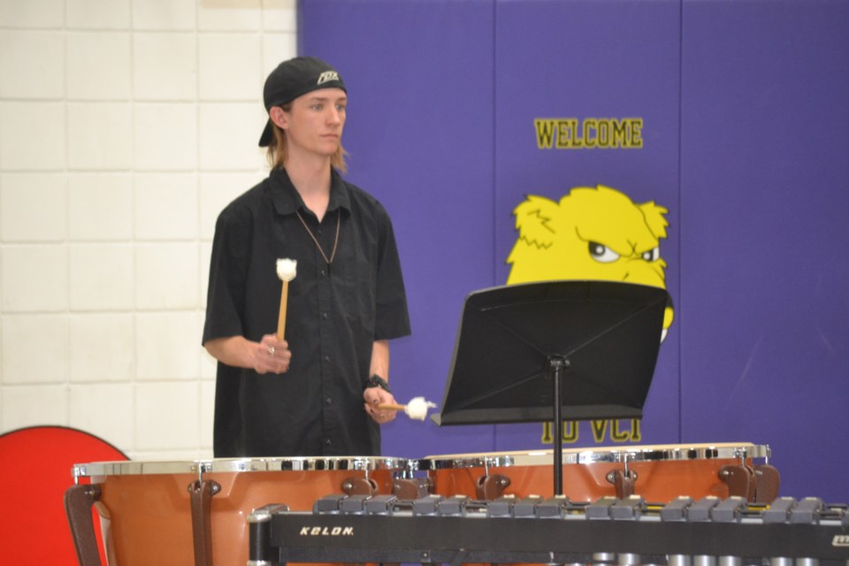 Kaiden Jansen, one of two graduating band members, plays percussion during the Spring Concert in the Virden Collegiate Gymnasium on Wednesday, June 1.