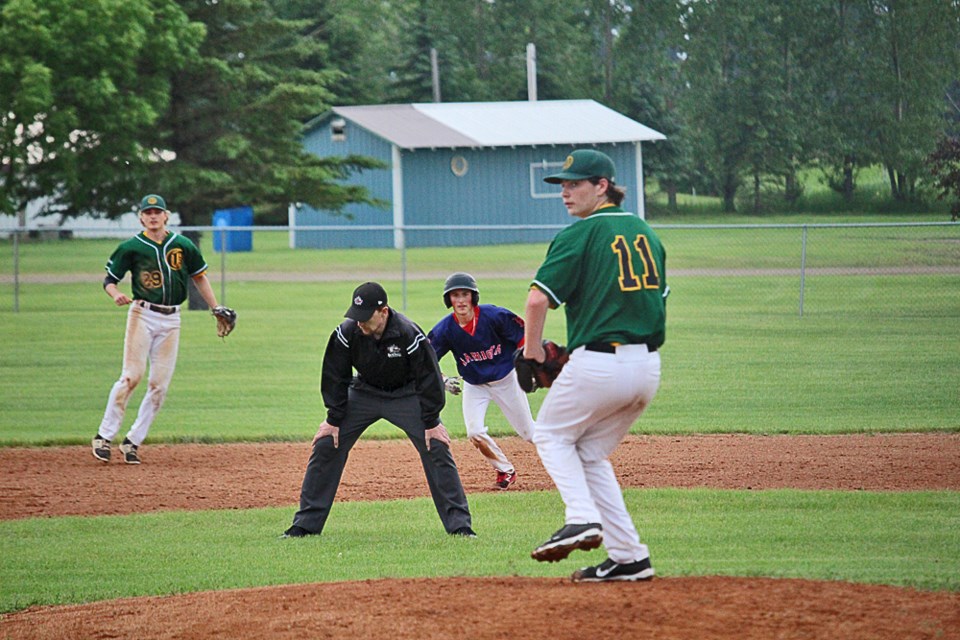 The Virden Oilers faced Hamiota Red Sox  on July 5. Final score was Hamiota 7, Virden 1. With a Hamiota runner on second Jace Freeman brings his fastball