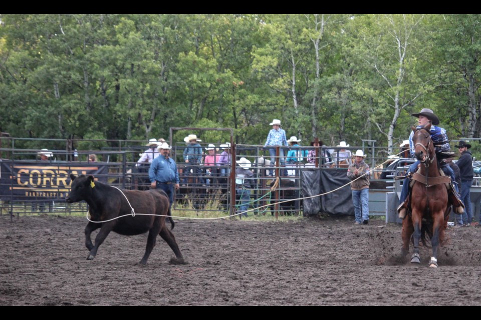 Kelsey McGee of Deloraine catches her calf in the JH Girl’s Breakaway roping.