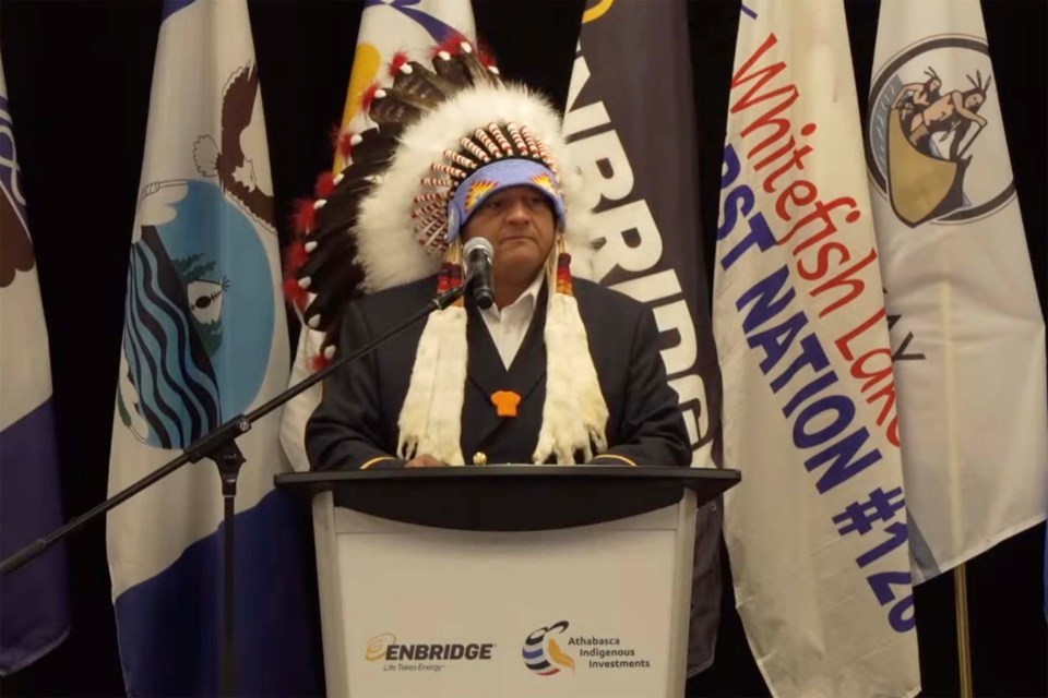 Chief Greg Desjarlais of Frog Lake First Nation said during a press conference Sept. 28, 2022, that the deal marks the beginning of a new path for Indigenous people in the region. SCREEN/Photo