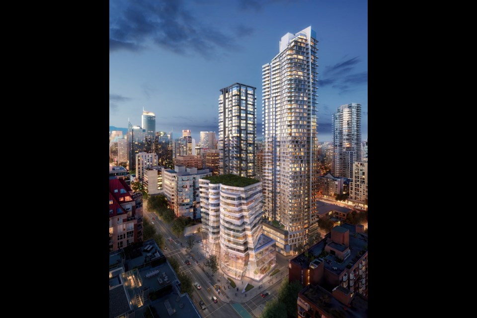 Aerial shows the $500 million One Burrard complex in downtown Vancouver. | Reliance Properties 