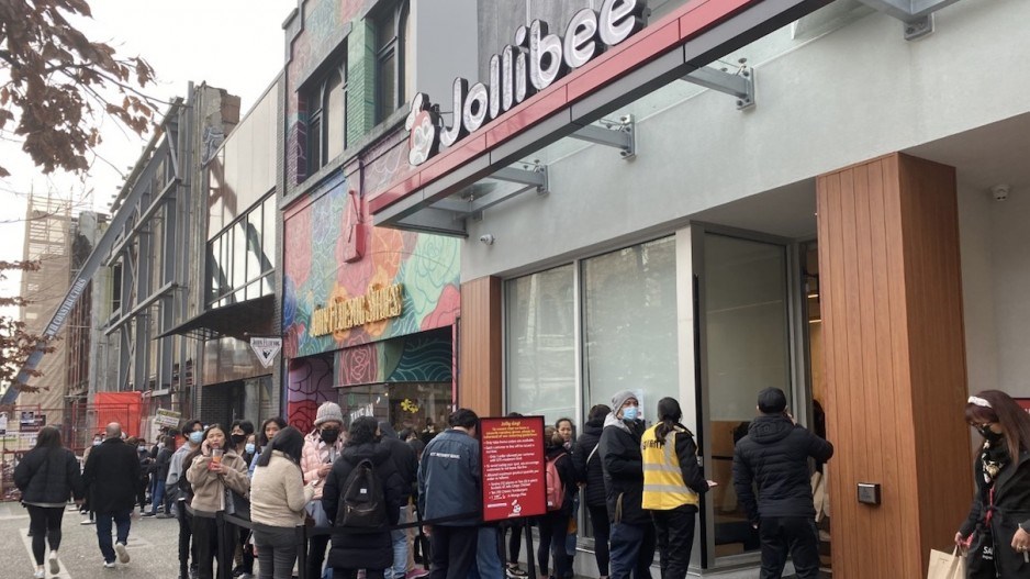 Line-ups for Jollibee chicken restaurant at 833 Granville stretched around the block and up Robson Street more than a month after its February opening.|Glen Korstrom