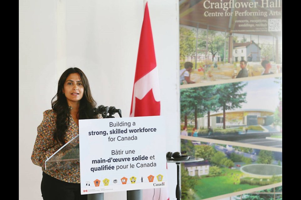 Federal Seniors Minister Kamal Khera addresses media in Victoria: grants double to $10,000 if the new hire is a woman, new Canadian, LGBTQ+, Indigenous, a person with a disability or a visible minority. | Adrian Lam, Times Colonist