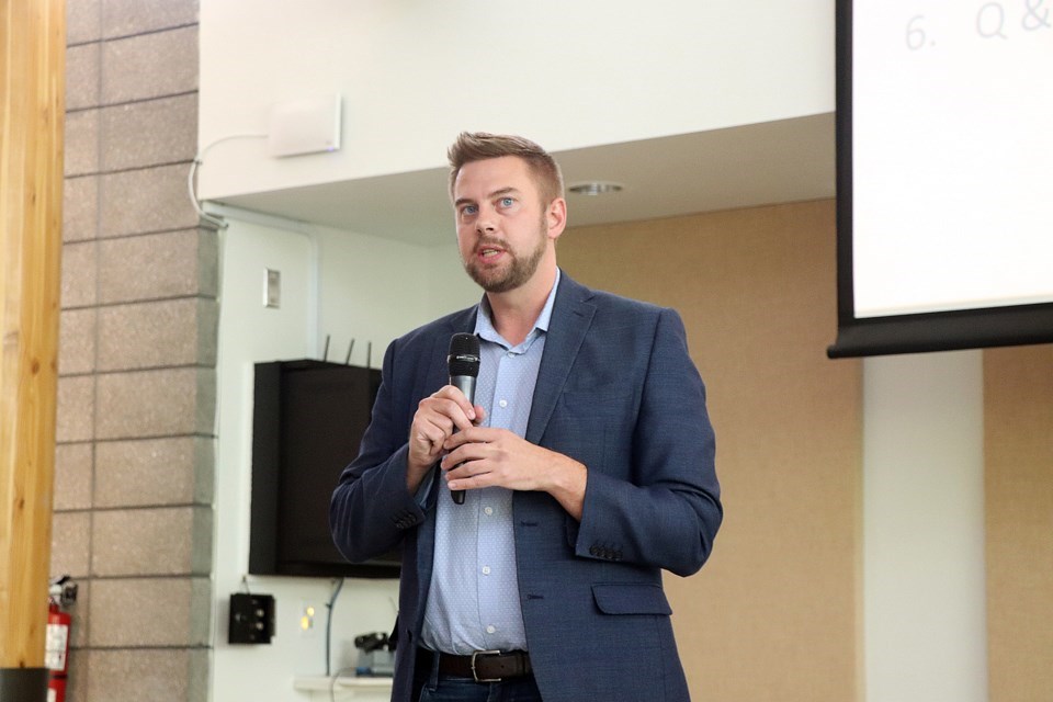 Sean Collins, CEO of Varme Energy, outlined details of his company's planned waste-to-energy project at a town hall at the Innisfail Library/Learning Centre on August 25. | Johnnie Bachusky, MVP staff

