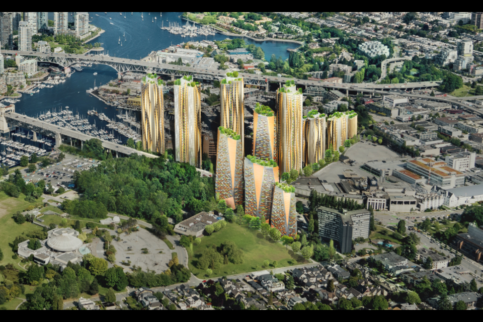 Squamish Nations’ 11-tower, 6,000-unit Senakw project to be built at the south end of the Burrard Street Bridge, Vancouver.| Submitted