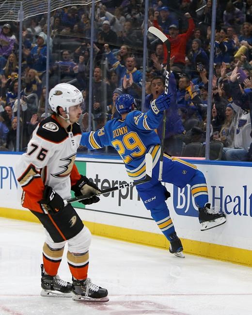 Grant gets first hat trick, Ducks top Blues 4-1